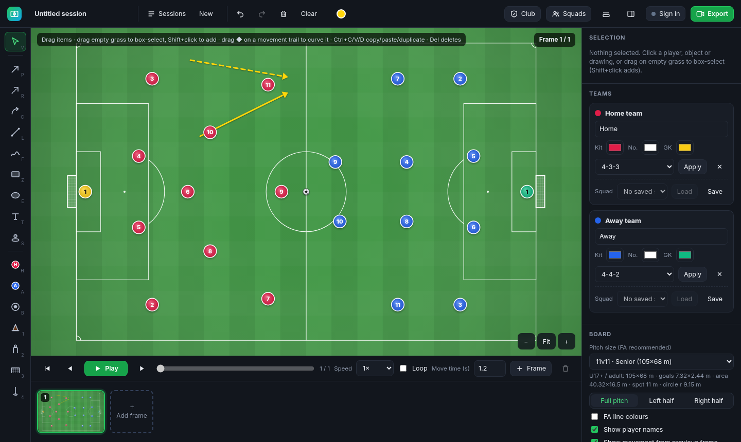 Frame 1: a pass arrow from the ball carrier and a dashed run arrow