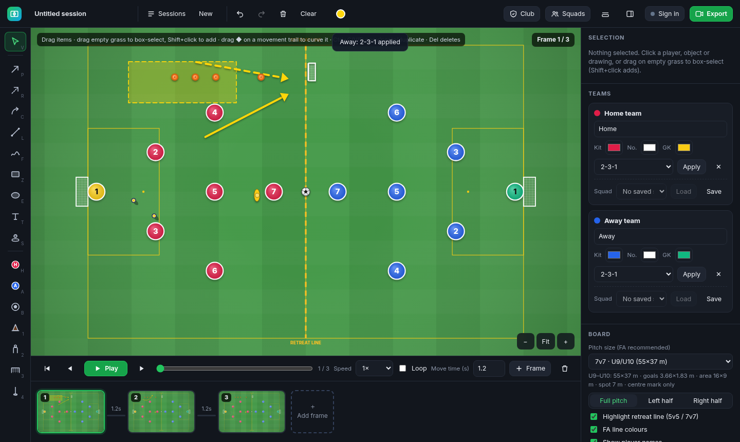 Cones, a mini-goal, a mannequin, poles and a shaded zone on a 7v7 pitch