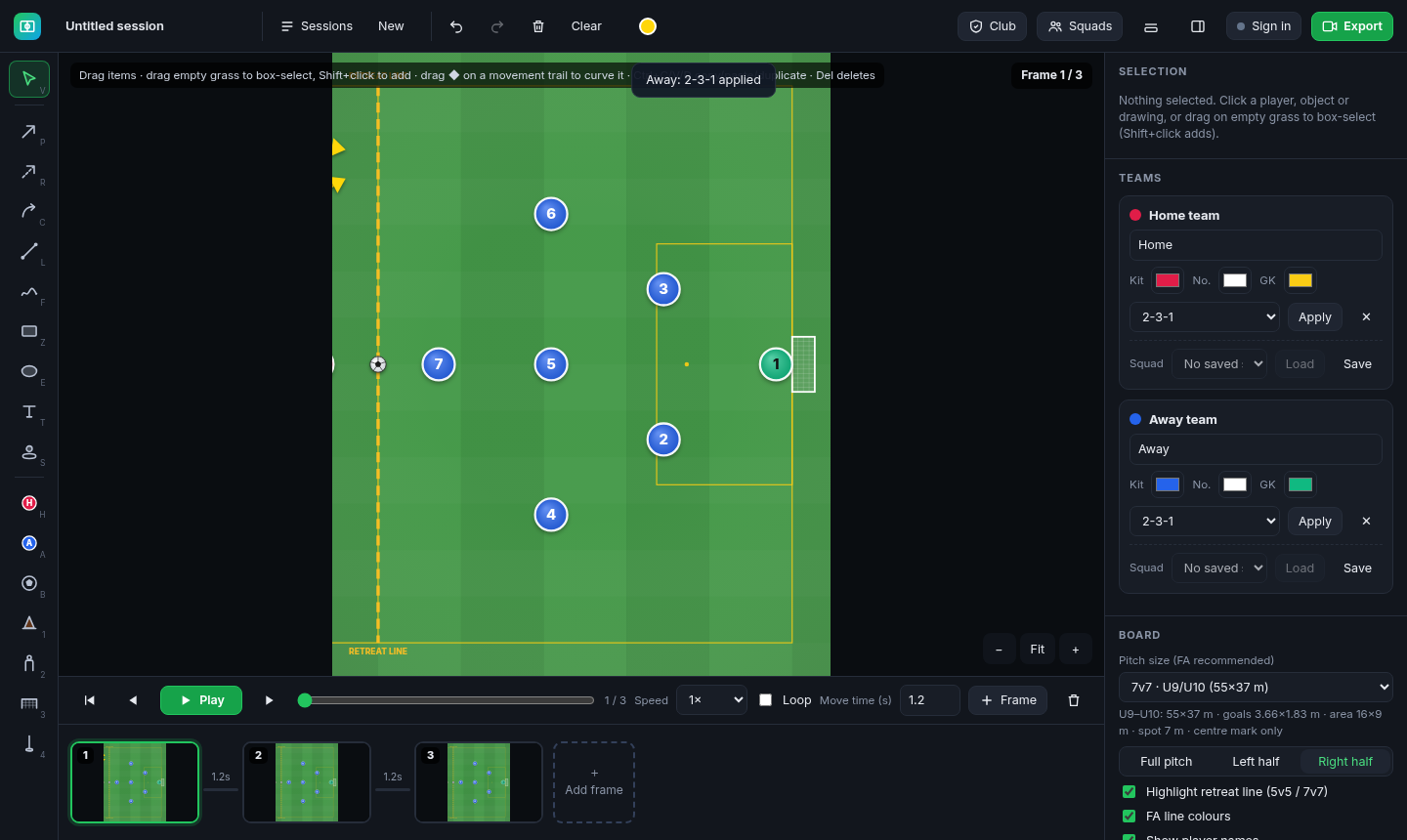 Half-pitch view for drills and set pieces