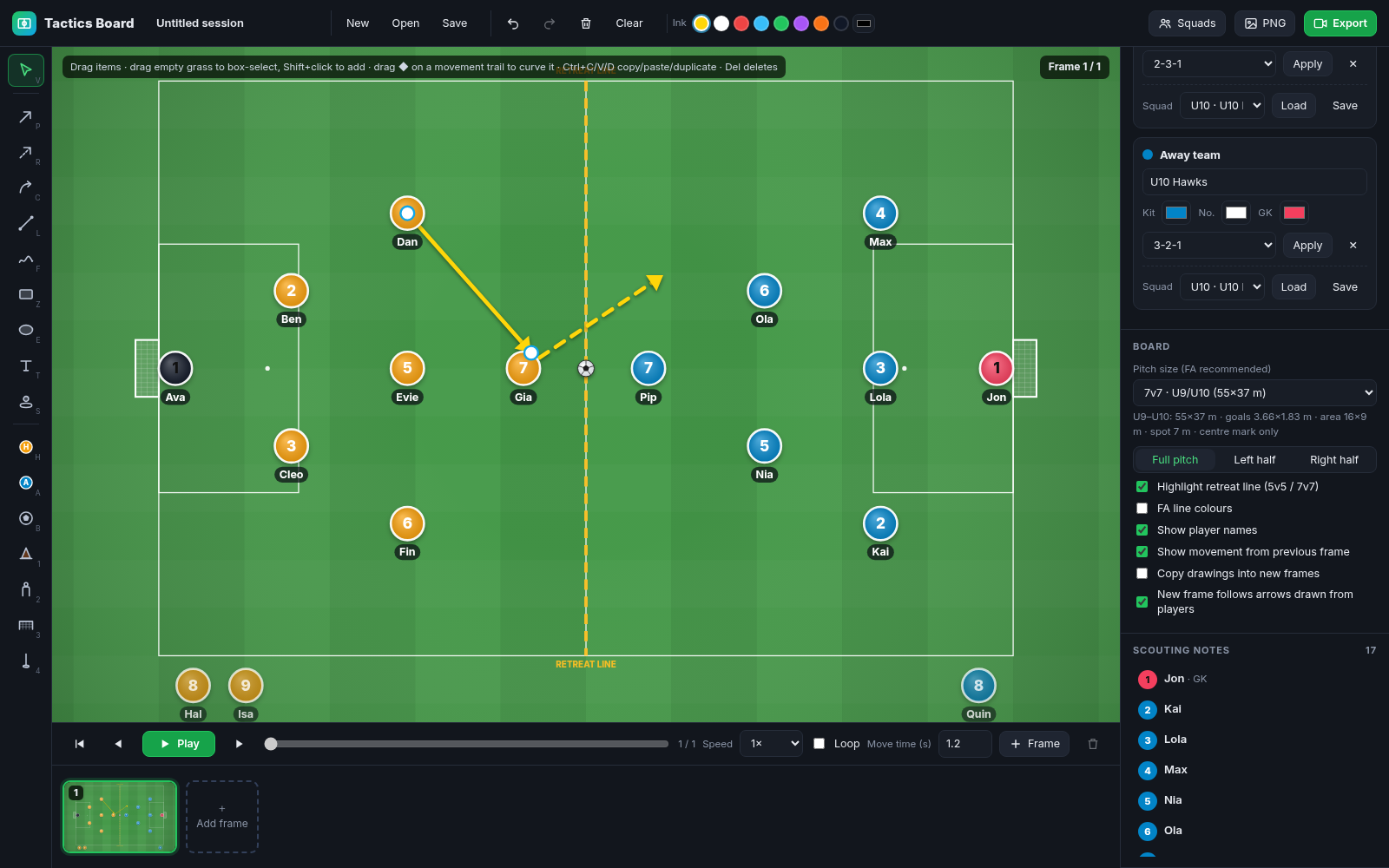 Tactics Board showing a 7v7 pitch with two squads